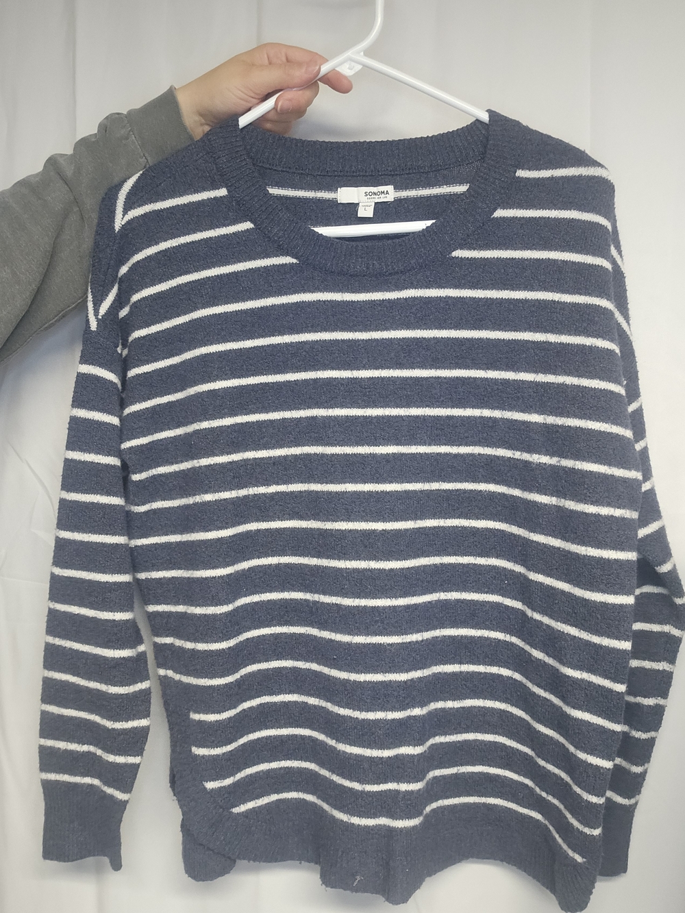 Sonoma Navy and White Striped Women's Crewneck Sweater